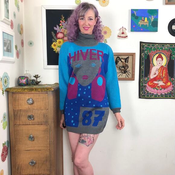 Vintage Mondi Sweater Dress or Tunic, 1980s Pop Art Face Print, Size M-L - Picture 1 of 10